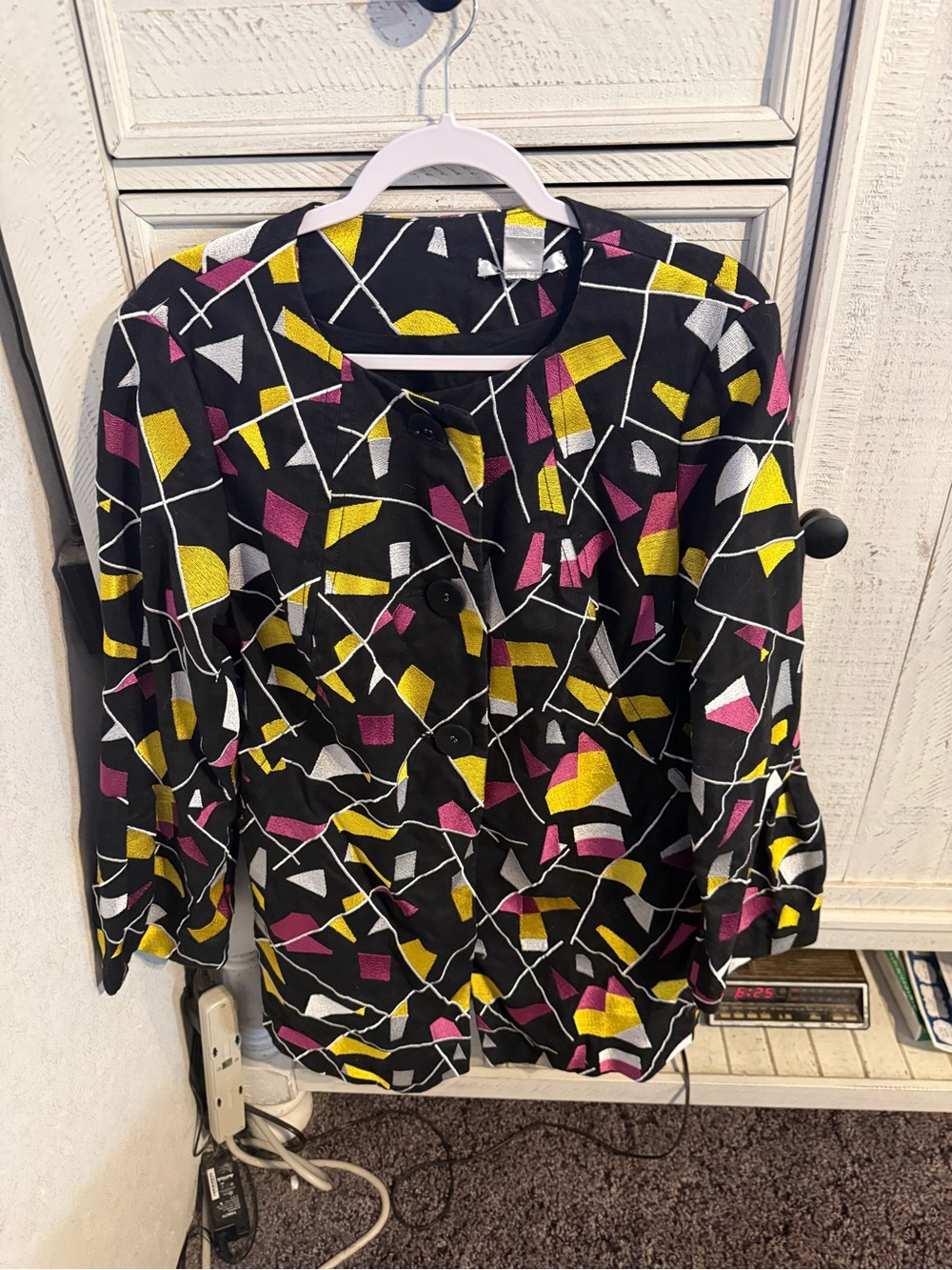 Black Geometric Print Trench Coat with Pink & Yellow Accents